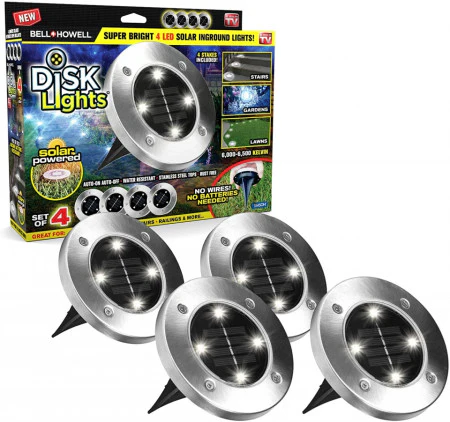Set 4 x mini Lampa cu panou solar Disk Lights Metalice Set 4 x mini Lampa cu panou solar Disk Lights Metalice