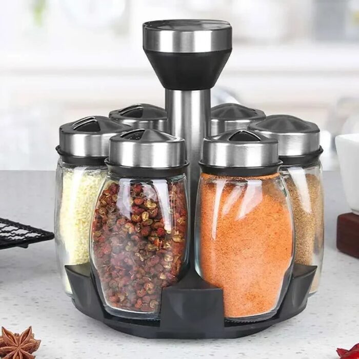 Set 6 Recipiente condimente + Suport, Inox, Transparent / Argintiu