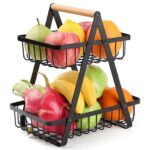 Cos Fructe Decorativ cu doua etaje, Din metal, maner din lemn, 32x30x18 cm, Negru