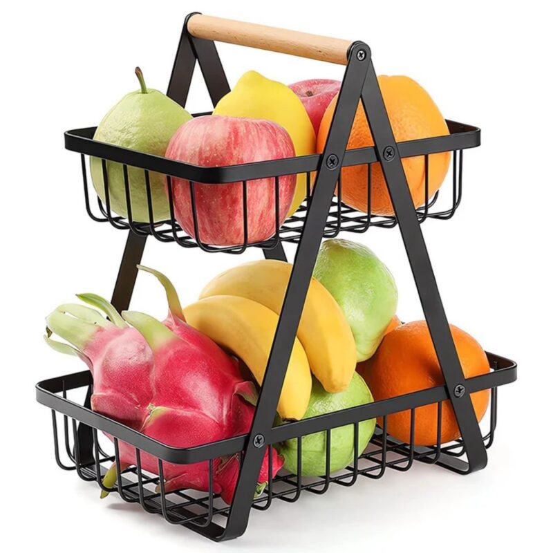 Cos Fructe Decorativ cu doua etaje, Din metal, maner din lemn, 32x30x18 cm, Negru