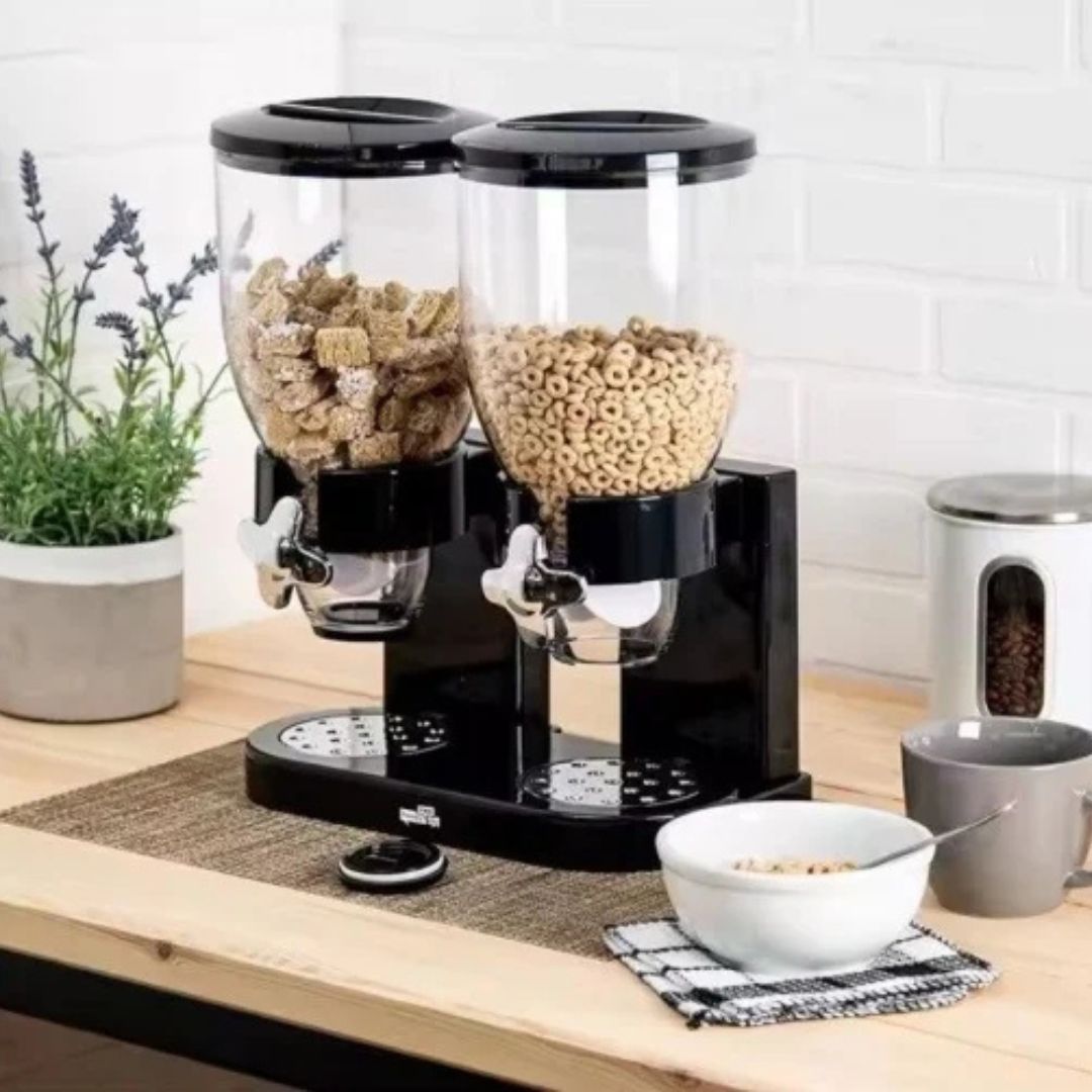 Dispenser de cereale, cu 2 recipiente, capacitate 500g, negru - merimag.ro Dispenser de cereale, cu 2 recipiente, capacitate 500g, negru
