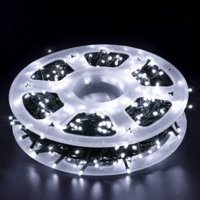 Instalatie de Craciun , tip rola 100M, 480 leduri rotunde , led-uri model V8 diamant, Alb Rece, interior si exterior
