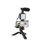 Kit de vlogging, cu microfon si trepied, cu suport de telefon