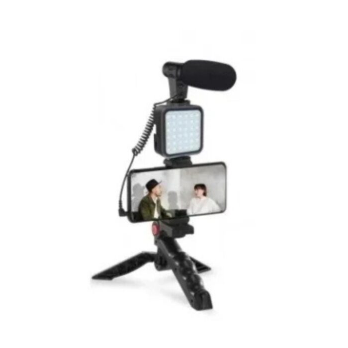 Kit de vlogging, cu microfon si trepied, cu suport de telefon