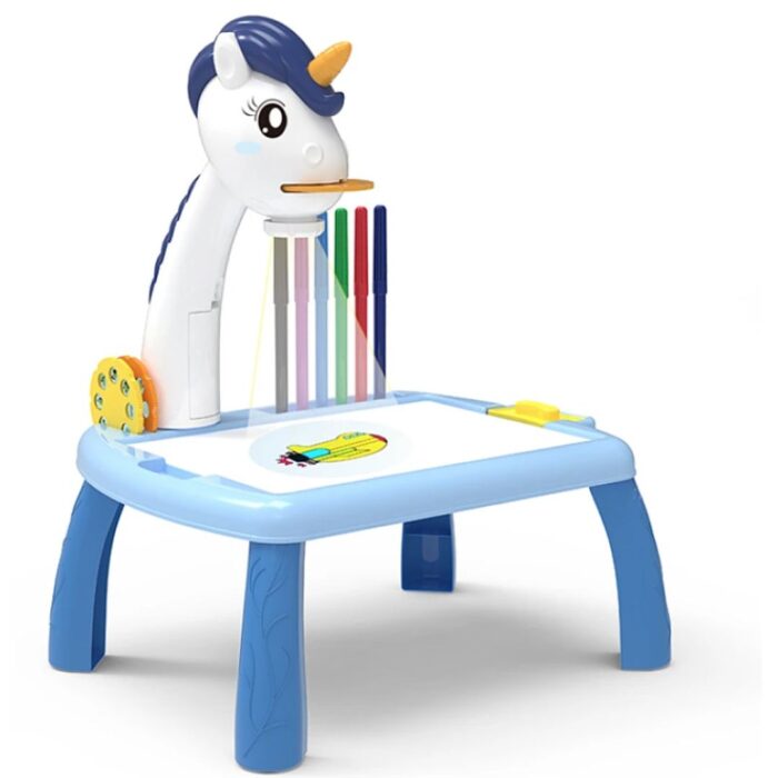 Masa de colorat cu proiector, cu holograme model Unicorn, Albastra