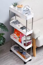 Raft organizator cu roti, 4 polite pentru baie, bucatarie, camera, Etajera mobila cu roti, 4 rafturi de depozitare