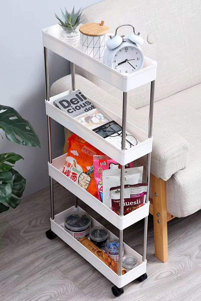 Raft organizator cu roti, 4 polite pentru baie, bucatarie, camera, Etajera mobila cu roti, 4 rafturi de depozitare