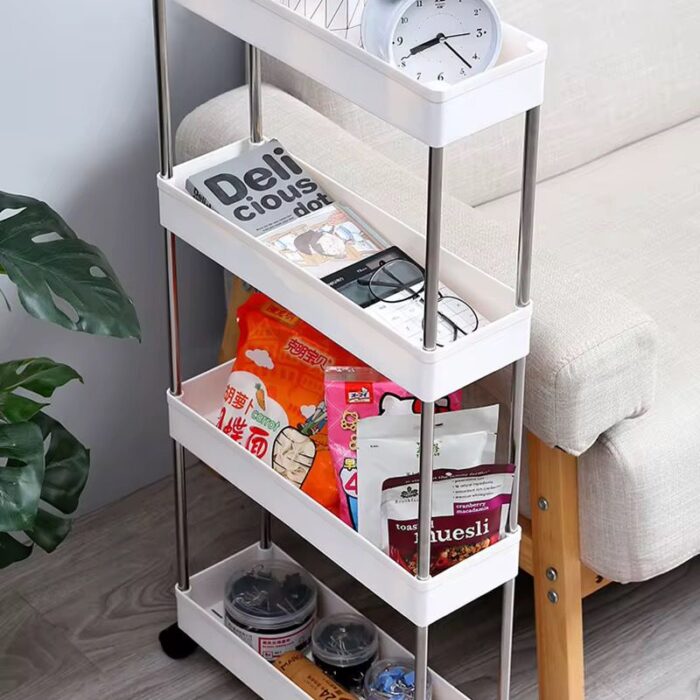 Raft organizator cu roti, 4 polite pentru baie, bucatarie, camera, Etajera mobila cu roti, 4 rafturi de depozitare