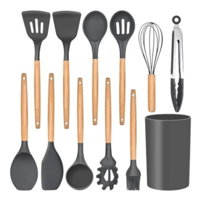 Set 12 Ustensile de Gatit din Silicon cu Maner Rezistent din Bambus si Suport, Negru