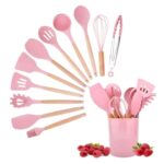 Set 12 Ustensile de Gatit din Silicon cu Maner Rezistent din Bambus si Suport, Roz