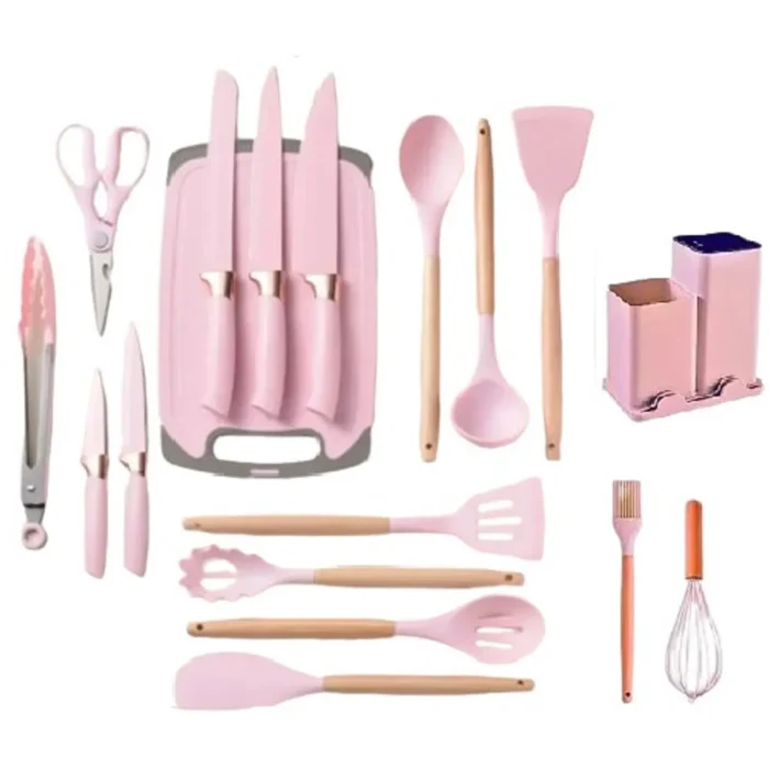 Set 19 ustensile bucatarie cu suport triplu – Roz