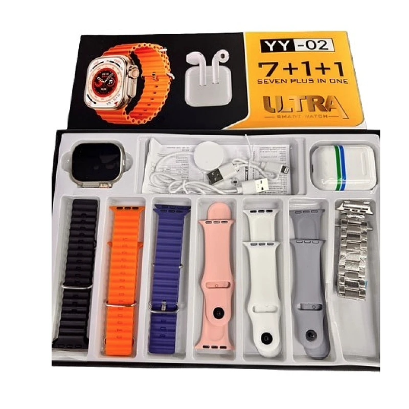 Set Cadou Smartwatch YY02 cu 7 Bratari incarcator Wireless si Casti Bluetooth