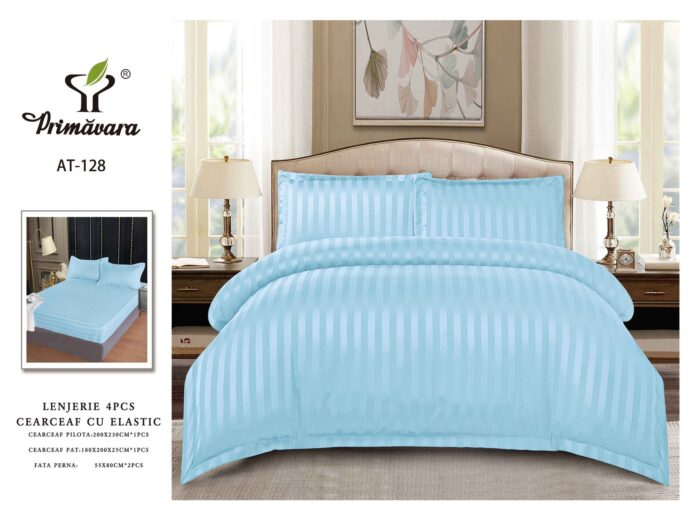 Set Lenjerie de pat dublu cu Elastic, 2 Persoane, 4 Piese - Albastru Bleu