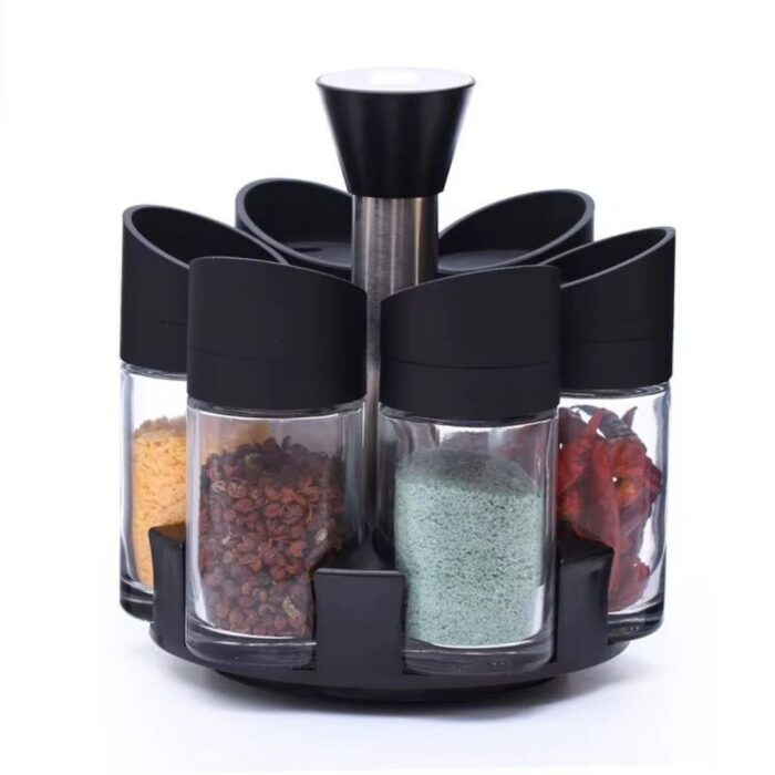 Set recipiente pentru condimente, suport rotativ, 6 recipiente, 18x16x12cm, negru