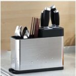 Suport tacamuri si ustensile bucatarie, cu scurgator, inox si plastic, 20.8x27.2x9 cm, argintiu-negru