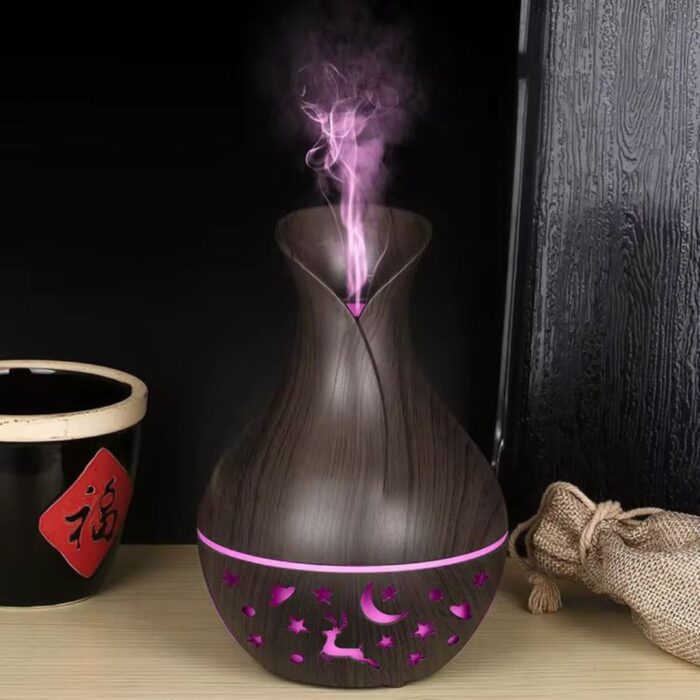 Umidificator si Difuzor Aromaterapie, Iluminare LED forma de vaza, Wenge