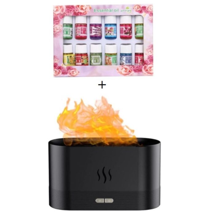 Difuzor Aromaterapie si Umidificator cu efect de flacara + Set 12 x 3ml uleiuri esentiale aer Relaxare Fragrancing