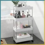 Raft organizator slim portabil cu 4 rafturi, alb pentru baie si bucatarie cu roti