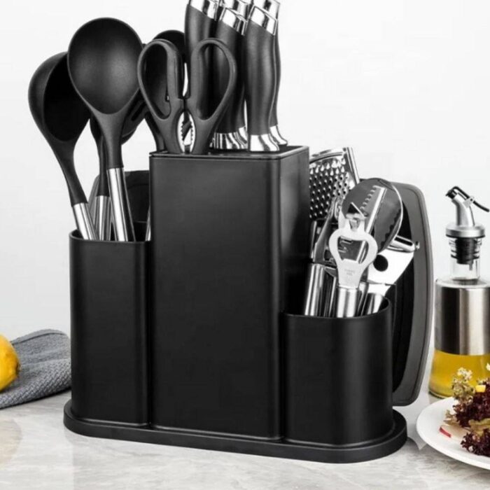 Set 19 ustensile bucatarie cu suport triplu Negru
